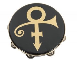 A black Remo tambourine with gold Love Symbol, left by Prince at the home in Marbella, Spain, that he shared with his former wife Mayte Garcia. Accompanied by a letter of authenticity signed by Garcia stating that the tambourine was stage used on Prince’s Jam of the Year Tour. Diameter, 10 1/4 inches