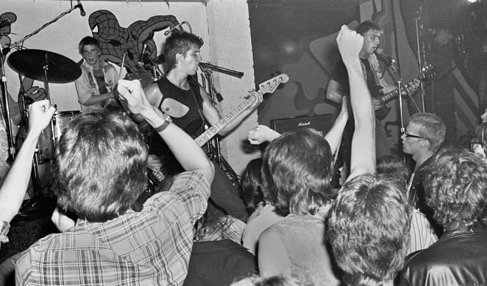 Original D.O.A. lineup with Randy Rampage, Chuck Biscuits and Joey "Shithead" Keithley. ©Don Denton photo/courtesy of Sudden Death Records.