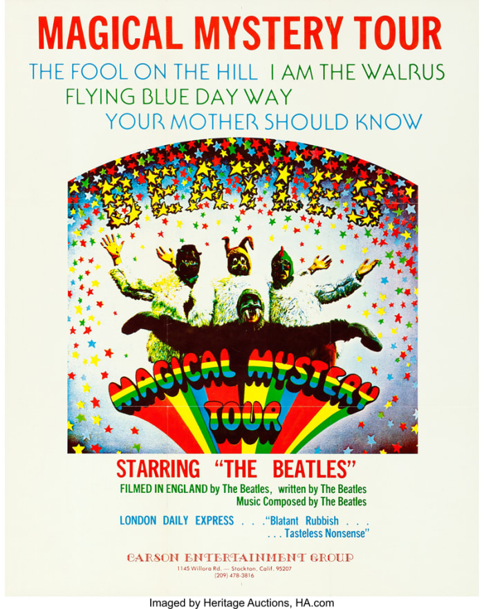In the mid-‘70s, the Magical Mystery Tour film did become quite a success on the American midnight movie and college circuit, from where this poster hails. This college poster (23” x 29”) sold for $1,015.75 at Heritage Auctions in November 2017.
