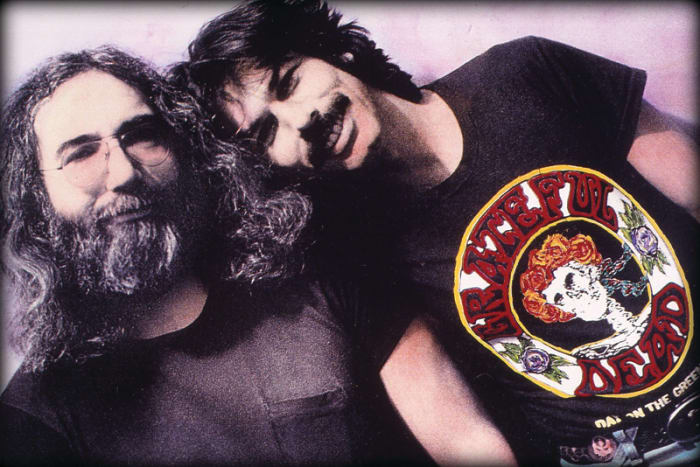 Dead's Jerry Garcia and Mickey Hart pose for a portrait backstage at the Palladium in 1977 in New York. Photo by Peter Simon/Getty Images.