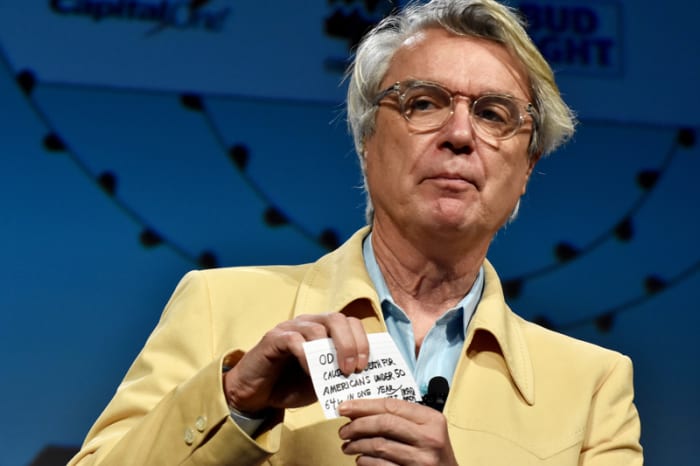 Former Talking Heads leader David Byrne discusses his Reasons to Be Cheerful project on March 13. (Photo by Chris M. Junior)