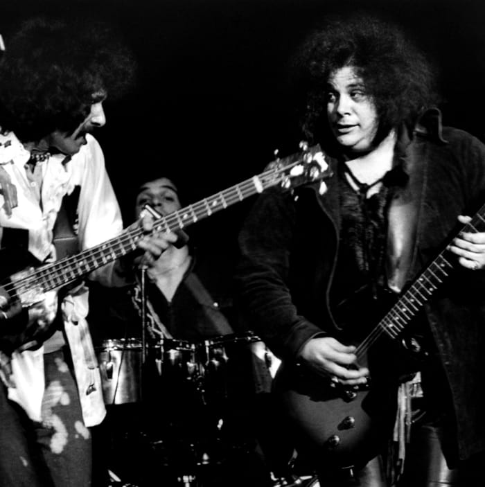 Felix Pappalardi and Leslie West performing together as Mountain, April, 1970 in San Francisco, California.