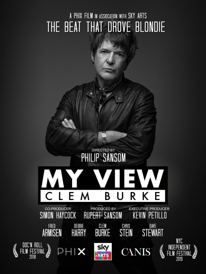 The poster for the documentary film Clem Burke: My View, which was directed by Phil Sansom, is shown here.