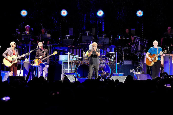 Some of The Who’s touring band are shown performing at New York City’s Madison Square Garden on Sunday, September 1st. They are (left to right) Simon Townshend, Jon Button, Zak Starkey, Roger Daltrey and Pete Townshend. (Carl Scheffel/MSG Photos)