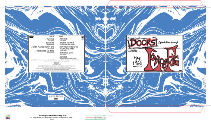 The printing specs for the sleeve of The Doors London Fog release for Record Store Day 2019. This release will be the first 10-inch record The Doors have ever released.
