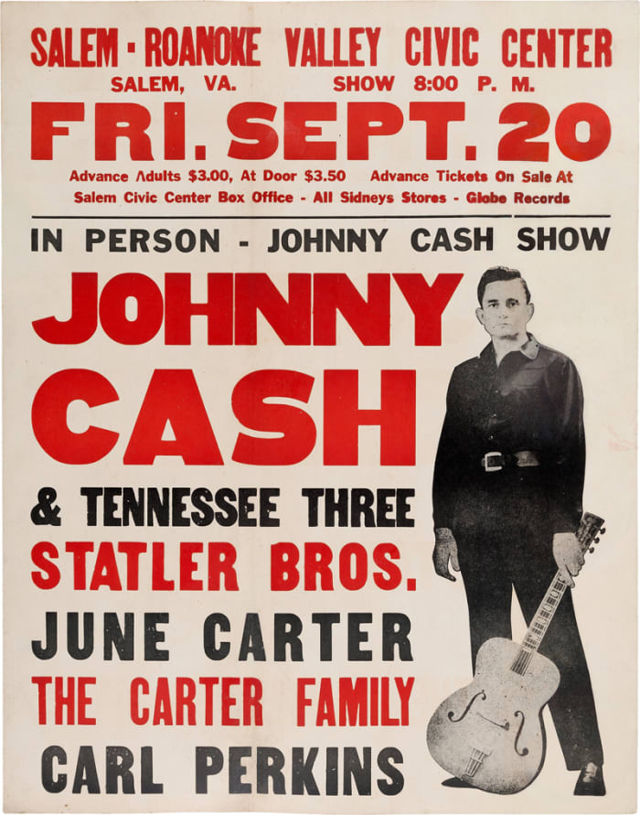 Johnny Cash Salem-Roanoke Valley Civic Center Concert Poster (1968). Rare. Jumbo window card tour blank printed on card stock for a show in Salem, VA., Fri. Sept. 20. The poster shows a full length image of Johnny Cash with guitar in hand "In person - Johnny Cash Show. JOHNNY CASH & Tennessee Three, Statler Bros., June Carter, The Carter Family" and "Carl Perkins". Measures 22" x 28". In Very Good Plus condition. Restored, including touched-in areas to Johnny's face and some lettering. Some buckling, corners rounded. Interestingly, although June and Johnny had married some months before this concert date, this tour blank poster was printed well in advance, so it still shows her in the lineup as "June Carter" not June Carter Cash. This oversized Johnny Cash poster is rare and highly sought after. The much smaller 14" x 22" version of this poster sold at Heritage in 2015 for $4,500. Image courtesy of Heritage Auctions.