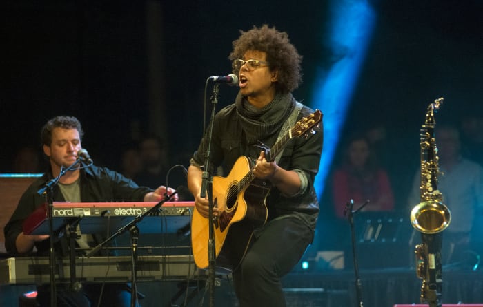 Jake Clemons alternated between acoustic guitar and saxophone during his Light of Day headlining set Jan. 14 at the Paramount Theatre in Asbury Park, N.J. (Photo by Chris M. Junior)
