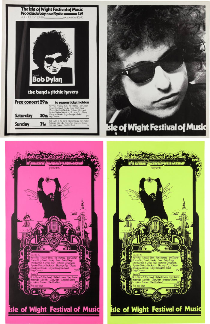 Bob Dylan Isle Of Wight Festival Concert Posters (1970). Three paper posters promoting the two-day festival on August 29, 30, 1969. One is a black and white poster, with one half featuring an image of Dylan and the lineup for the two days. The other half of the poster shows a larger image of Dylan. The two other two are dayglo pink and green "Fiery Creations" posters. The Dylan poster measures 34" x 22.5" and the other two both measure 16" x 30". The Dylan poster is in Very Good Plus condition with some minor creasing and slight toning at edges. The green poster is Very Good Plus with two small black scuff marks to top left corner. The pink poster is Near Mint Minus with minimal wear. The 1969 Isle of Wight Festival is famous for the re-emergence of Bob Dylan, who was making his first live performance for three years, after a near fatal motorcycle accident in 1966. Image courtesy of Heritage Auctions.