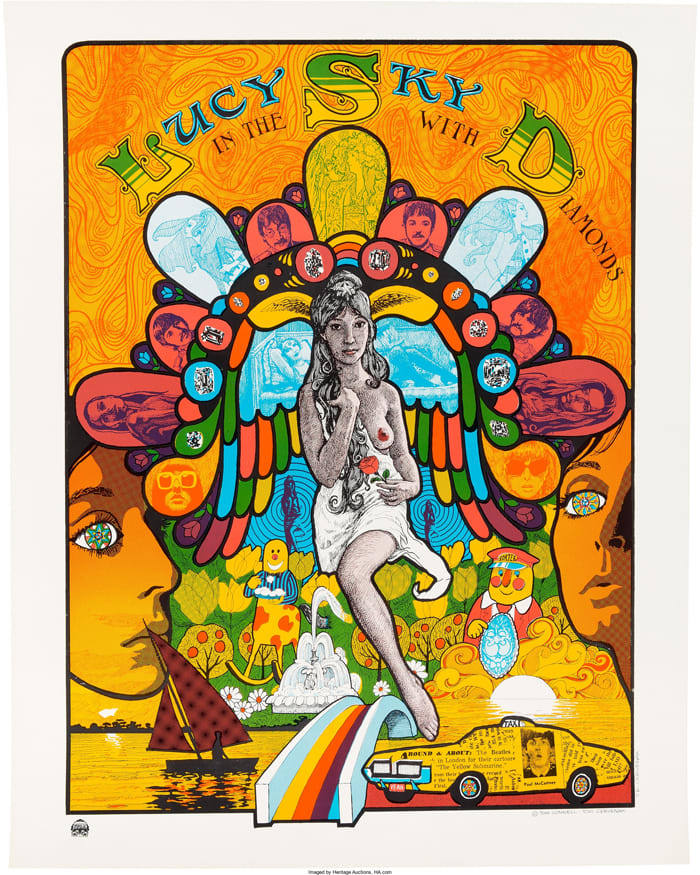 Psychedelic Poster for “Lucy In The Sky With Diamonds” (c. Late 1960s): This poster was purportedly a best-seller at The Beatles Apple Boutique in London. Many of the characters mentioned in the song’s lyrics appear in the image, as do The Beatles, dressed in their Sgt. Pepper gear. The poster was designed by Tom Connell and Tom Cervenak and printed by San Francisco Impulse. This copy was auctioned, in excellent framed condition, by Heritage Auctions in 2015 for $750.