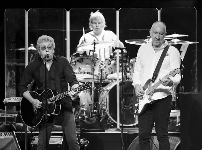 (L-R) Singer Roger Daltrey, touring drummer Zak Starkey and guitarist Pete Townshend of The Who perform on the first night of the band's residency at The Colosseum at Caesars Palace on July 29, 2017 in Las Vegas, Nevada. (Photo by Ethan Miller/Getty Images)