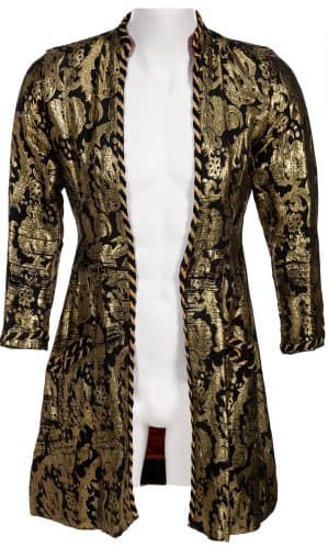The black & gold Indian thread jacket, retrieved from a Hollywood studio's prop house by Cindy Smith, the group's tailor. Photo courtesy of Heritage Auctions, taken from the Neal Smith Alice Cooper Collection.