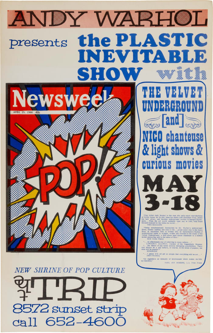 Velvet Underground And Nico Concert Poster "Andy Warhol Presents The Plastic Inevitable Show" (1966), Rare. Window card silkscreen on card stock advertising a series of shows at "New Shrine Of Pop Culture, The Trip, 8752 Sunset Strip, Los Angeles, May 3-18". The poster features a reproduction of artwork by Roy Lichtenstein as illustrated on the front cover of Newsweek magazine, dated April 25, 1966. The poster also shows a depiction of Warhol's Campbell Soup Kids to the lower right corner. Measures 14" x 22". In Near Mint Minus condition, with some minor toning to white areas and minor ink streaks to the Lichtenstein artwork, probably originating from the time of printing. Image courtesy of Heritage Auctions.