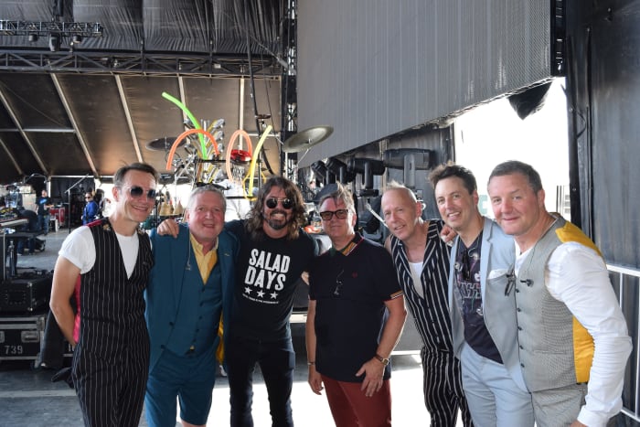 Squeeze with Dave Grohl in Louisville on Saturday, September 21st. Pictured left to right are Stephen Large, Glenn Tilbrook, Dave Grohl, Chris Difford, Simon Hanson, Sean Hurley and Steven Smith. (Photo by Cole Anderson)