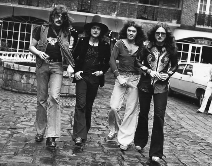READY FOR DEPARTURE: Members of Deep Purple — Lord, Blackmore, Hughes and Coverdale — in early 1975, right before Blackmore's departure to launch Rainbow.