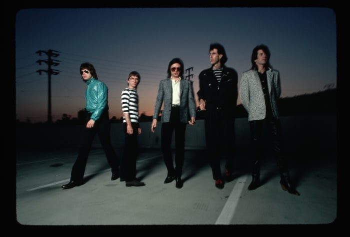Members of the band The Cars (from left: David Robinson, Greg Hawkes, Benjamin Orr, Ric Ocasek and Elliot Easton) pose for a picture at dusk. (Photo by Lynn Goldsmith/Corbis/VCG via Getty Images)
