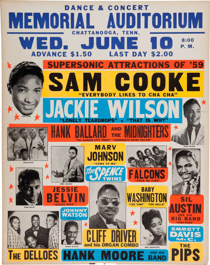Sam Cooke/Jackie Wilson Memorial Auditorium Concert Poster (1959). Jumbo window card tour blank printed on card stock for a "Dance & Concert" in Chattanooga, Tenn. Wed. June 10. The poster announces "Supersonic Attractions of '59" listing the lineup with photos of the headline acts and their hit songs including Sam Cooke, Jackie Wilson, Hank Ballard and the Midnighters, Marv Johnson, the Spence Twins, Falcons, Jessie Belvin, Baby Washington, Sil Austin and his Big Band, Johnny Watson, Cliff Driver and his Organ Combo, the Delloes, Hank Moore and his Band, Emmett Davis M.C., and the Pips. Printed by "Globe Posters, Baltimore". Measures 22" x 28". In Very Good condition, with small area of loss to lower right corner, corners and edges worn, general toning and discoloration to white areas. Image courtesy of Heritage Auctions.