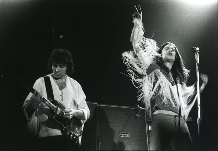 Tony Iommi and Ozzy on Black Sabbath's headlining tour at the Concertgebouw concert hall in Amsterdam, Holland, on January 14, 1974. (Photo by Laurens Van Houten/Frank White Photo Agency)