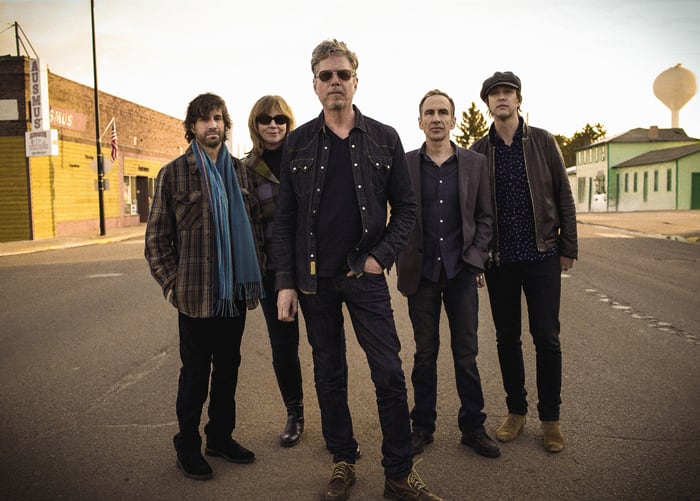 The Jayhawks (L-R): Marc Perlman, Karen Grotberg, Gary Louris,Tim O’Reagan and John Jackson. Publicity photo by Sam Erickson.