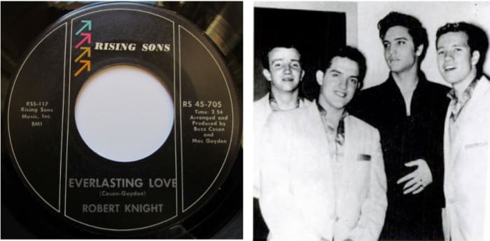 1957 photo of the Casuals visiting Elvis:Chester Power, Richard Williams, Elvis Presley and Buzz Cason, courtesy of Buzz Cason.