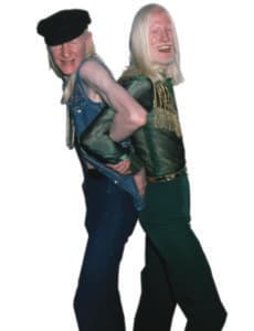 Musician brother duo Johnny Winter and Edgar Winter pose for a portrait session on July 24, 1976 at the Lamar Park in Grand Rapids, Michigan. (Photo by Michael Marks/Michael Ochs Archives/Getty Images)