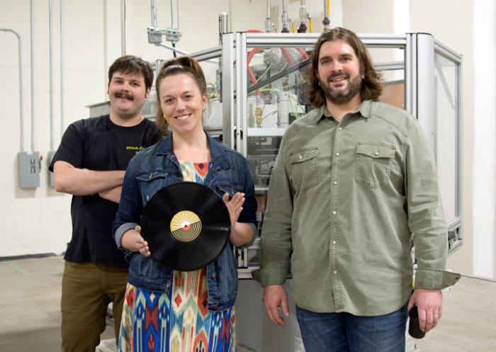 Caren Kelleher (center), Gold Rush Vinyl’s founder and president, with production manager Dave Mendoza (left) and director of operations Gator Russo (right) in mid-March.
