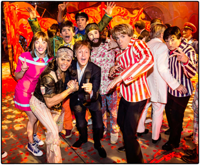 Sir Paul McCartney with the cast of "The Beatles LOVE by Cirque du Soleil," on July 14, 2016, celebrating the show's 10th anniversary. Photo by MJ Kim.