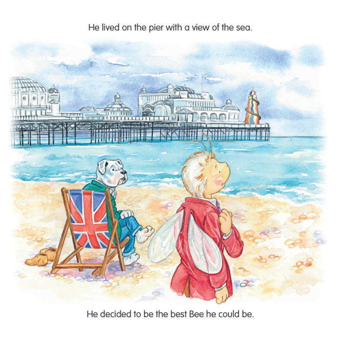 The book’s Stinger character is a bell boy at a posh hotel in Brighton, England, lives on Brighton Pier and was inspired by the Ace Face/Bell Boy character portrayed by Sting in the 1979 film version of Quadrophenia. (Illustration by Tina Freeman)
