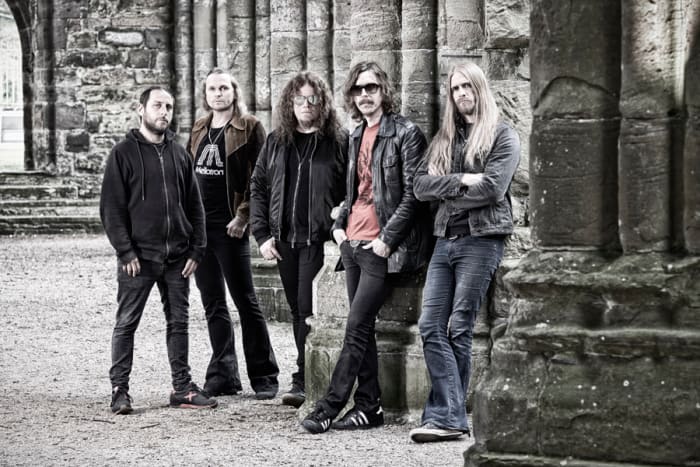 Opeth: (L-R): Martín Méndez (bass), Joakim Svalberg (keys/backing vocals), Fredrik Åkesson (lead guitar/backing vocals), Mikael Åkerfeldt (rhythm guitar/vocals), Martin Axenrot percussion). Photo by Stuart Wood.