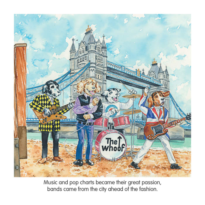 While children will surely enjoy the book, the adults reading it to them will get a kick out of the rock-music references that appear throughout the book. One example of that is the band of dogs, The Whoof, that were inspired by The Who. (Illustration by Tina Freeman)