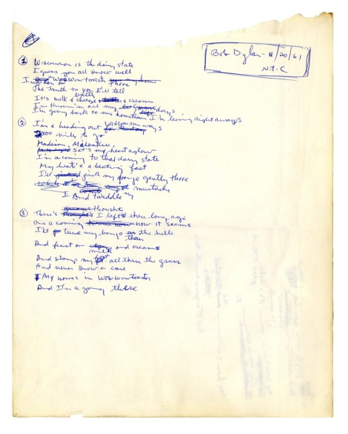 Original, Signed Handwritten Lyrics by Bob Dylan From November 1961 -- Draft Song About Wisconsin, Where Dylan Spent Summers as a Youth -- With Roger Epperson COA