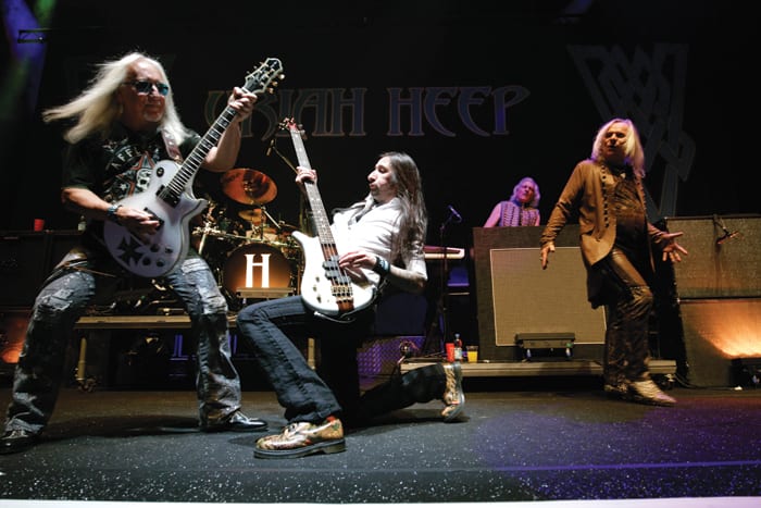 Uriah Heep (L-R): Mick Box (guitars), Russell Gilbrook (drums), Dave Rimmer (bass)Phil Lanzon (keys) and Bernie Shaw (vocals) are always electric on stage. Brill/ullstein bild via Getty Images.