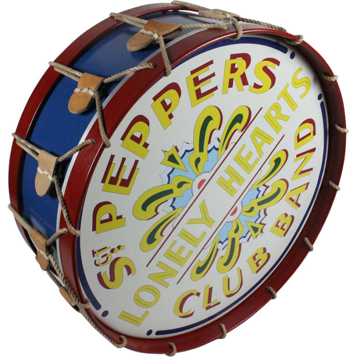 A custom-made, handcrafted replica drum that includes the artwork from the drum of the “Sgt. Pepper” album cover. Courtesy of Steiner Sports.