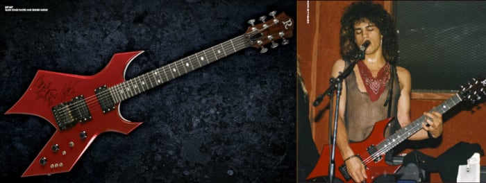 A red B.C. Rich Warlock guitar (above) owned and played by Slash during the early days of Guns N’ Roses (top left). Images courtesy of Julien’s Auctions.
