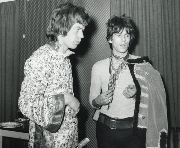 Mick Jagger (left) and Keith Richards in Olympic Studios, London, England, May 23, 1967. They were in the process of recording the album 'Their Satanic Majesties Request.' (Photo by Mark and Colleen Hayward/Redferns)