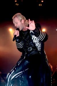 Rob Halford in full scream during the Fuel For Life tour to support the 1986 “Turbo” album. Photo by Paul Natkin/Getty Images.