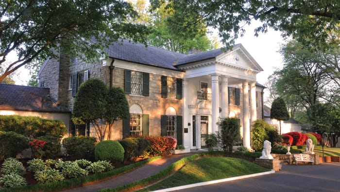 THE GRACELAND MANSION: The two windows at the upper right are where Elvis’ bedroom was, and the windows at the upper left are where his dressing room was. Photos courtesy of Graceland.com