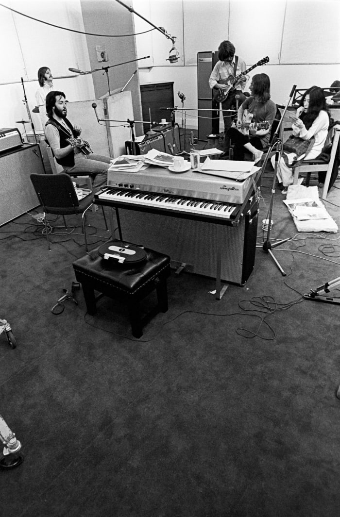 The Beatles at Apple Studios, 3 Savile Row, London, during the recording sessions for their album Let It Be. Photo by Ethan A. Russell/©Apple Corps Ltd.