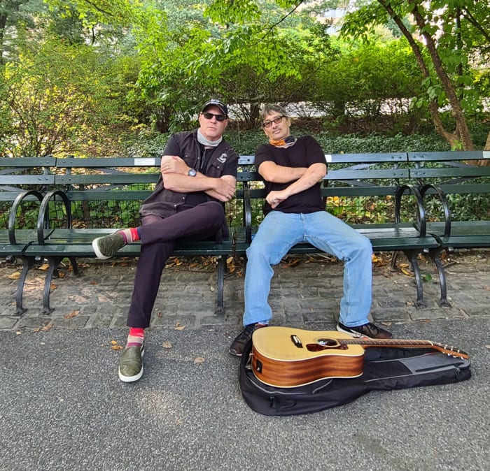 Goldmine's "Now We're 64" columnist John "Jay Jay" French with David Muniz at the Strawberry Fields location in Central Park.