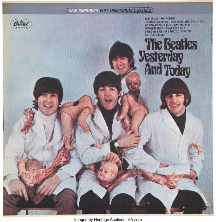 The BeatlesundefinedYesterday and TodayundefinedFirst State Stereo Butcher Cover Slick Artwork. A First State "Butcher" Cover with the "New Improved Full Dimension Stereo" label across the top portion. It is a slick with the "QU LITHO IN US T-2553" printed in the upper right edge. It was not attached to an album jacket and there is no glue residue on verso. It's a clean and thin sheet with the infamous original Yesterday and Today album cover. In EX-7 condition with toning along the top edge. COA from Heritage Auctions.