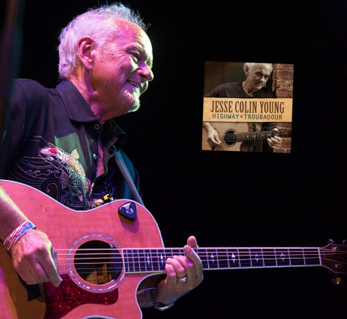 Jesse Colin Young performs during the "Music & Revolution: Greenwich Village in the 1960’s Concert" at SummerStage, Rumsey Playfield, Central Park on August 12, 2018, in New York City. Photo by Debra L Rothenberg/Getty Images. Above left, Young's latest album Highway Troubadour.