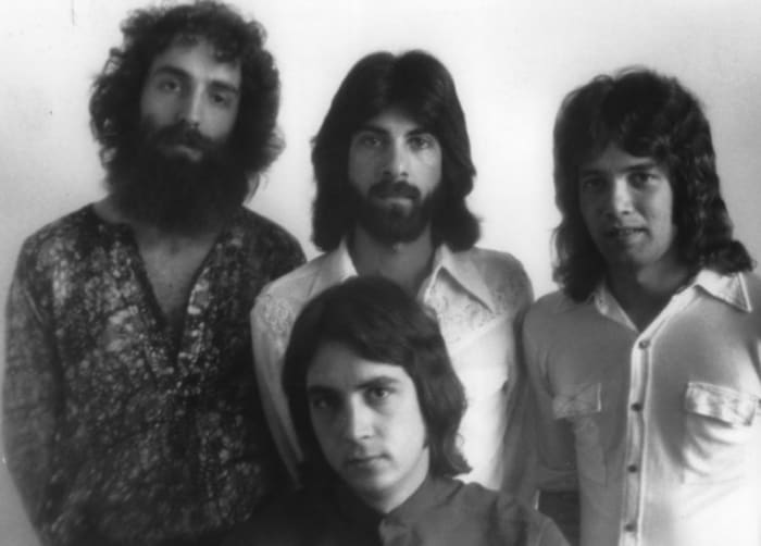 The Michael Stanley Band, 1975 promotion photo, back row: Jonah Koslen, Dan Pechhio, Tommy Dobeck, front row: Michael Stanley