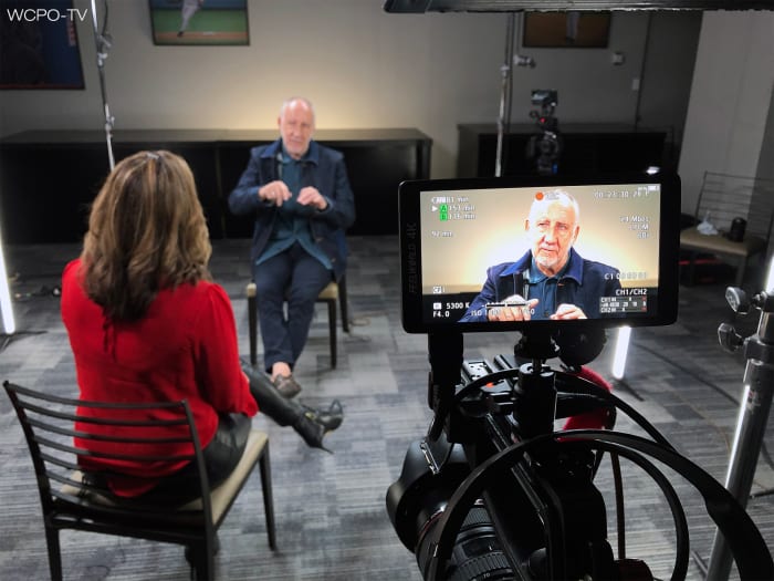 Pete Townshend is shown being interviewed by WCPO’s Tanya O’Rourke for the station’s documentary The Who: The Night That Changed Rock. (Photo courtesy of WCPO-TV)