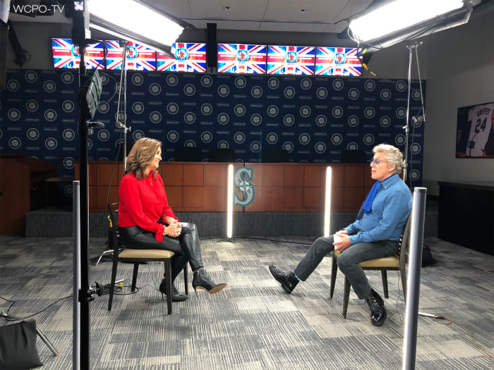 WCPO’s Tanya O’Rourke travelled to Seattle to interview The Who for the station’s documentary about the December 1979 Cincinnati concert tragedy and is shown here talking to Roger Daltrey. (Photo courtesy of WCPO-TV)
