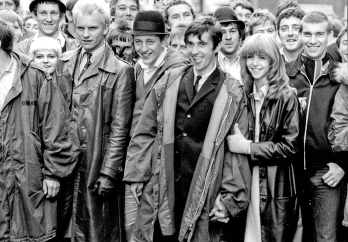 In the foreground on the Quadrophenia set are (left to right) Toyah Wilcox, Sting, Mark Wingett, Phil Daniels and Leslie Ash. (Photo by Frank Connor, courtesy of Sky Arts)