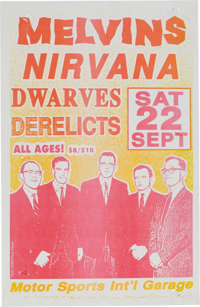 Nirvana/Melvins Motor Sports International Garage Concert Poster (1990). The first (and only) show Nirvana played with Dan Peters from Mudhoney on drums. In the audience that night was future drummer Dave Grohl, who was stranded on the west coast when his band broke up in the middle of a tour. Courtesy of Heritage Auctions.