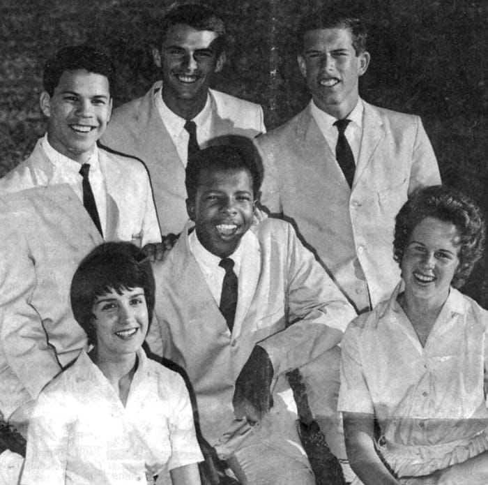 The Viscaynes in 1961 (clockwise, from top left): Frank Arellano, Charlie Gebhardt, Vern Gebhardt, Charlene Imhoff, Sylvester “Sly” Stewart and Maria Boldway. Courtesy of Charlene Imhoff.