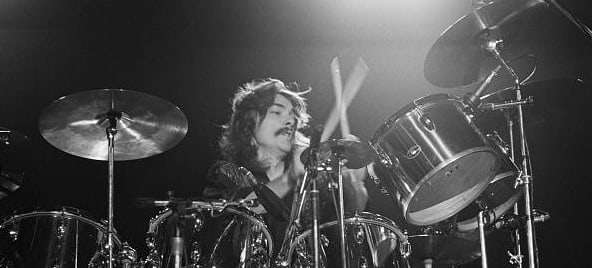 RUSH drummer, Neil Peart, power drumming at the Civic Center in Springfield, Massachusetts, during the band's All The World's a Stage tour, December 9, 1976.