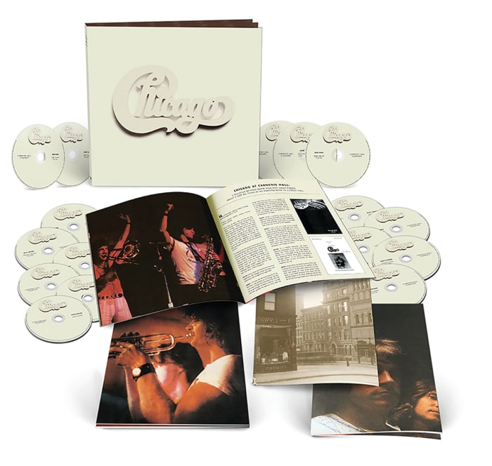 The 50th-anniversary box set Chicago at Carnegie Hall Complete compiles the eight 1971 Carnegie Hall shows in their entirety for the first time. The 16-CD collection includes replicas of the three posters that accompanied the original vinyl release and images of the original concert program, tickets and other memorabilia. The set also comes with a 28-page booklet illustrated with photos from the concerts, plus new liner notes. It retails for $179.98.