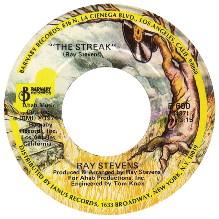 Ray Stevens’ comedic hit “The Streak” goofed on the cultural fad of running around naked in public, (aka “streaking”). It hit No. 1 in the U.S. in 1974.