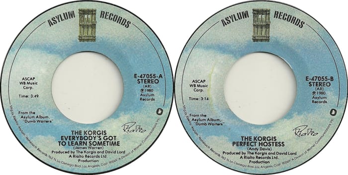 The U.S. release of The Korgis' "Everybody's Got To Learn Sometime," with the B-side "Perfect Hostess." Images courtesy of 45Cat.com.